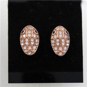 copper snakehead earring studs paved zircon, rose gold, approx 9-15mm [FDZN7157]