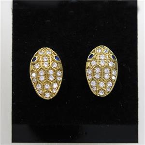 copper snakehead earring studs paved zircon, gold plated, approx 9-15mm [FDZN7158]