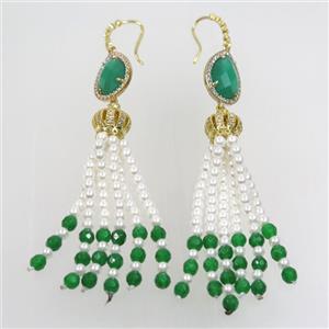 copper earring paved zircon with pearlized glass tassel, approx 13-90mm [FDZN7203]