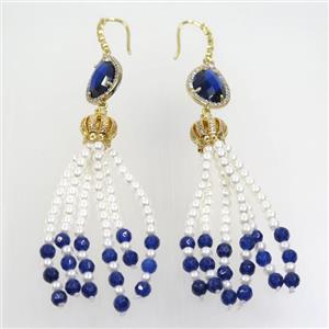 copper earring paved zircon with pearlized glass tassel, approx 13-90mm [FDZN7204]