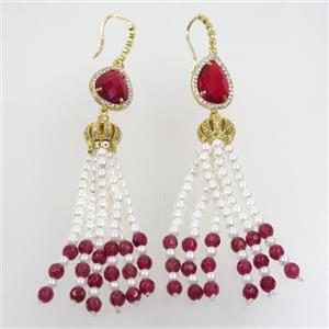 copper earring paved zircon with pearlized glass tassel, approx 13-90mm [FDZN7205]