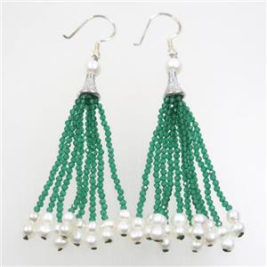 copper earring paved zircon with green crystal glass tassel, approx 7-80mm [FDZN7206]