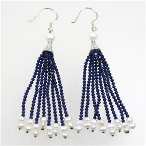 copper earring paved zircon with blue crystal glass tassel, approx 7-80mm [FDZN7207]
