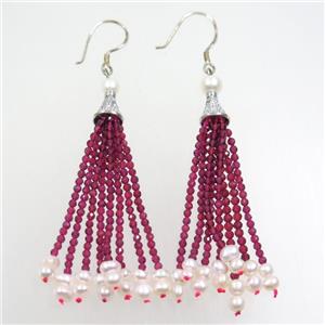 copper earring paved zircon with green red glass tassel, approx 7-80mm [FDZN7208]