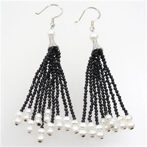 copper earring paved zircon with black crystal glass tassel, approx 7-80mm [FDZN7209]
