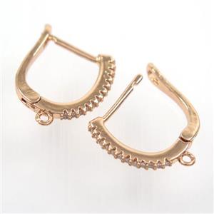 copper Earring hook paved zircon with loop, rose gold, approx 15-17mm [FDZN7274]