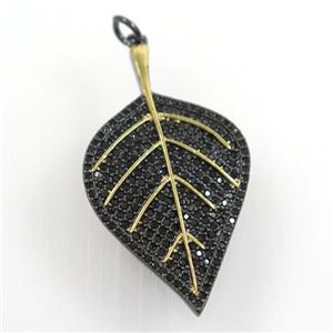 copper leaf pendant paved black zircon, gold plated, black backing, approx 22-40mm [FDZN7276]