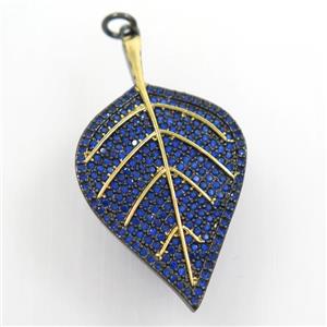 copper leaf pendant paved blue zircon, gold plated, black backing, approx 22-40mm [FDZN7277]