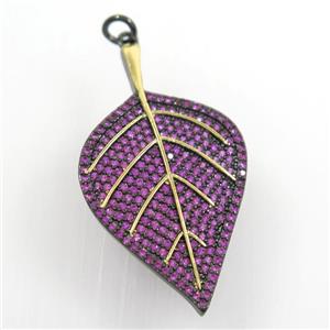 copper leaf pendant paved hotpink zircon, gold plated, black backing, approx 22-40mm [FDZN7278]