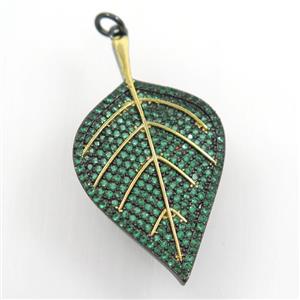copper leaf pendant paved green zircon, gold plated, black backing, approx 22-40mm [FDZN7279]
