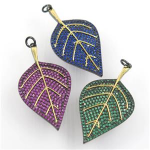 copper leaf pendant paved zircon, mix color, black backing, approx 22-40mm [FDZN7280]