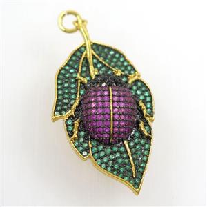 copper leaf pendant paved zircon with beetle, gold plated, approx 20-38mm [FDZN7281]