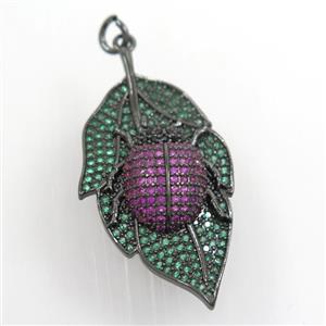 copper leaf pendant paved zircon with beetle, black plated, approx 20-38mm [FDZN7282]