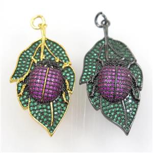 copper leaf pendant paved zircon with beetle, mix color, approx 20-38mm [FDZN7283]