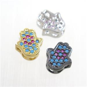 copper hamsahand beads paved zircon, turq, mix color, approx 8.5-9.5mm [FDZN7301]