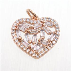 copper heart pendants paved zircon, rose gold, approx 15-17mm [FDZN7367]