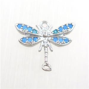 copper dragonfly connector paved zircon, turq, platinum plated, approx 10-15mm [FDZN7479]