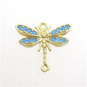 copper dragonfly connector paved zircon, turq, gold plated, approx 10-15mm [FDZN7480]