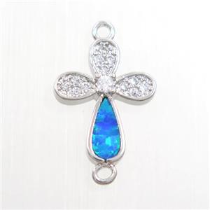 copper cross connector paved zircon with fired opal, platinum plated, approx 10-13mm [FDZN7530]