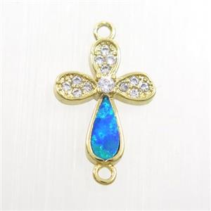 copper cross connector paved zircon with fired opal, gold plated, approx 10-13mm [FDZN7531]