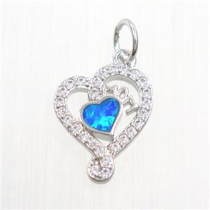 copper heart pendant paved zircon with fire opal, platinum plated, approx 11-14mm [FDZN7564]