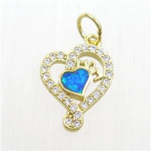 copper heart pendant paved zircon with fire opal, gold plated, approx 11-14mm [FDZN7565]