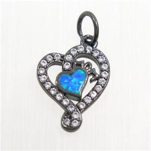 copper heart pendant paved zircon with fire opal, black plated, approx 11-14mm [FDZN7566]
