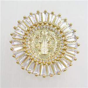copper jesus pendants paved zircon, gold plated, approx 28mm dia [FDZN7574]
