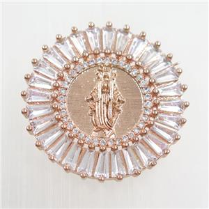 copper jesus pendants paved zircon, rose gold, approx 28mm dia [FDZN7576]