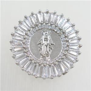 copper jesus pendants paved zircon, platinum plated, approx 28mm dia [FDZN7577]