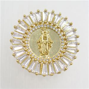 copper jesus pendants paved zircon, gold plated, approx 28mm dia [FDZN7578]