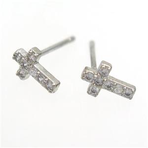 copper cross Earring paved zircon, platinum plated, approx 5-8mm [FDZN7586]