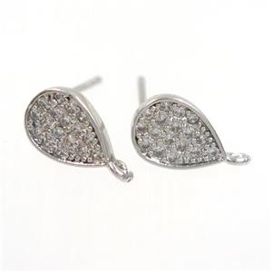 copper teardrop earring paved zircon, platinum plated, approx 6-9mm [FDZN7593]