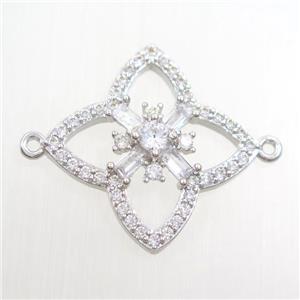 copper clover connector paved zircon, platinum plated, approx 24mm dia [FDZN7633]