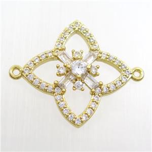 copper clover connector paved zircon, gold plated, approx 24mm dia [FDZN7634]