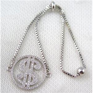 copper bracelet paved zircon, platinum plated, approx 10-20mm bead, 25mm length [FDZN767]