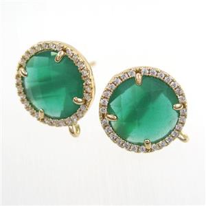 copper earring paved zircon with green glass crystal, approx 15mm dia [FDZN7675]