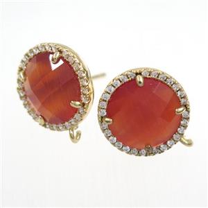 copper earring paved zircon with red glass crystal, approx 15mm dia [FDZN7680]