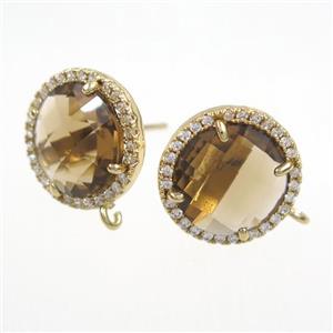 copper earring paved zircon with coffee glass crystal, approx 15mm dia [FDZN7683]