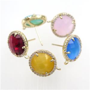 copper earring paved zircon with glass crystal, mixed color, approx 15mm dia [FDZN7688]