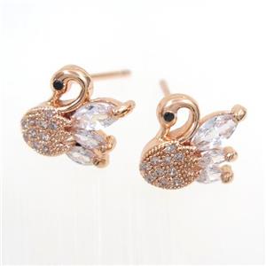 copper swan earring studs paved zircon, rose gold, approx 10mm [FDZN7718]