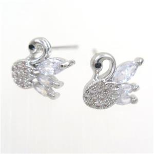 copper swan earring studs paved zircon, platinum plated, approx 10mm [FDZN7719]