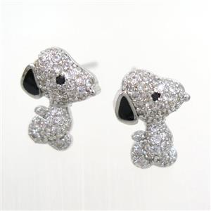 copper dog earring studs paved zircon, platinum plated, approx 10-12mm [FDZN7721]