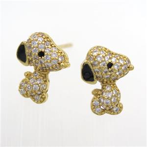 copper dog earring studs paved zircon, gold plated, approx 10-12mm [FDZN7722]