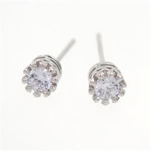 copper earring studs paved zircon, platinum plated, approx 5.5mm dia [FDZN7724]