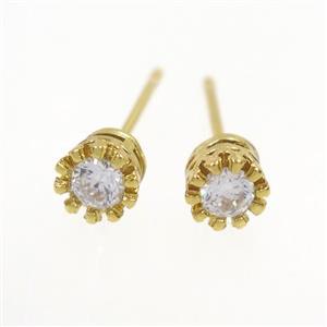 copper earring studs paved zircon, gold plated, approx 5.5mm dia [FDZN7725]