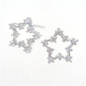 copper star earring paved zircon, platinum plated, approx 12mm dia [FDZN7728]