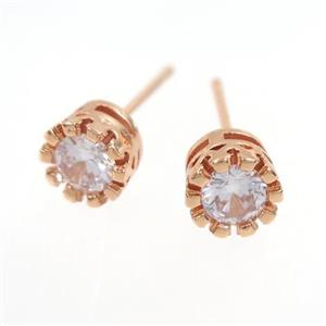 copper earring studs paved zircon, rose gold, approx 7mm dia [FDZN7731]