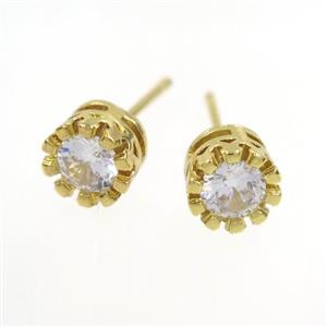 copper earring studs paved zircon, gold plated, approx 7mm dia [FDZN7733]