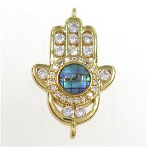 copper hamsahand connector paved zircon with abalone shell, gold plated, approx 15-20mm [FDZN8316]